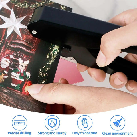 Hand holding the Oval Hole Punch For Papers And ID Cards Heavy Duty Handheld Slot Punch Metal Puncher punching papers