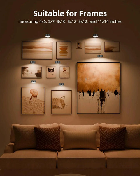Rechargeable Picture Light With 3 Color Temperatures 12 RGB Colors And Remote illuminating art on a living room wall.