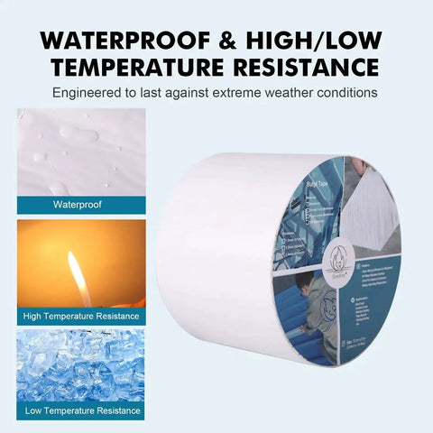 Outdoor Waterproof TPO Butyl Tape 3.94 Inch by 16.4 Feet by 1.6 mm illustrating waterproof and temperature resistance features