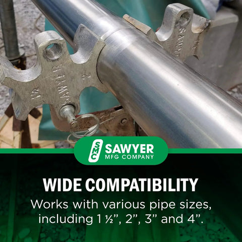 Welders 3rd Hand portable pipe welding clamp attached to a metal pipe; green Sawyer MFG Co logo banner visible