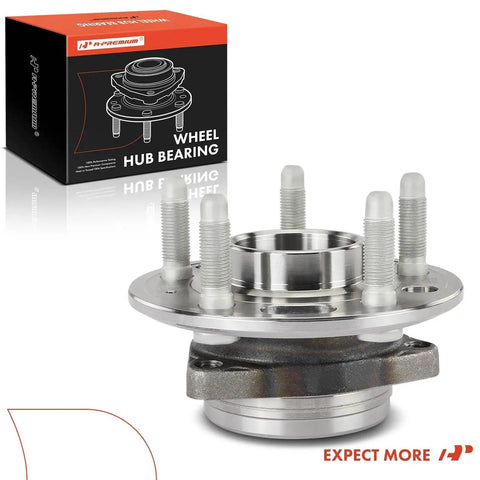 5 Lug Wheel Bearing And Hub Assembly Front Or Rear For Chevy Equinox 2010 To 2017 And GMC Terrain 2010 To 2017 Buick Allure 2010 Cadillac CTS 2014 To 2016 Without ABS Replacement, product box and hub shown