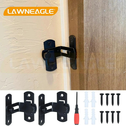 2 Pack 90 Degree Flip Sliding Barn Door Lock installed on wooden door, showing rugged corrosion resistant alloy steel in black
