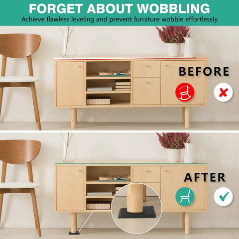 12 Piece Furniture Leveler Kit With Multi Size Rubber Shims stabilizes wobbling dresser in before and after comparison