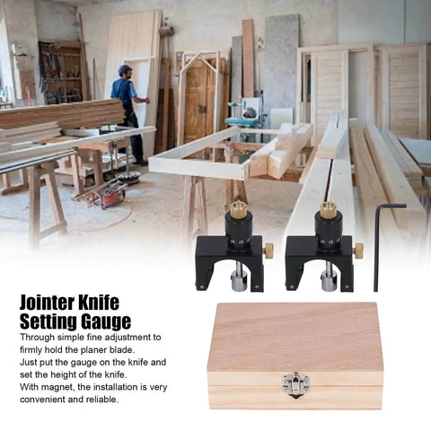 2 Piece Magnetic Knife Setting Jigs For Planer And Jointer displayed with wooden box and woodworking background