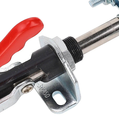 Close-up of Heavy Duty Push Pull Toggle Clamp for Woodworking Jigs and Welding Fixtures, showing ribbed handle and steel build.
