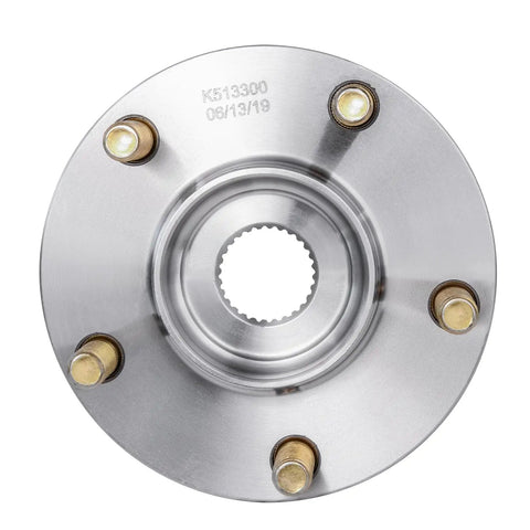 AWD Front Two Piece Wheel Bearing Hubs Kit For 2008 2015 Mitsubishi Lancer Replacement With 5 Lug Encoder ABS 4 Bolt Flange Rust Resistant Studs And Front Wheel Hub Assembly viewed from top