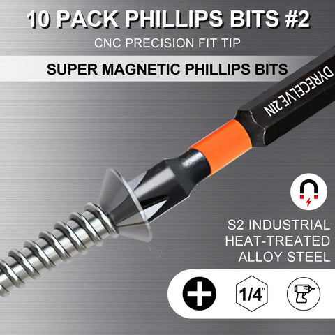 10 Pack Magnetic Phillips Bit Set PH2 Impact Magnetic Bits For Drill And Screwdriver One Inch To Six Inch Long Premium S2 Steel Quarter Inch Hex Shank For Impact Drivers Perfect For Pros And DIYers close-up of one bit with screw