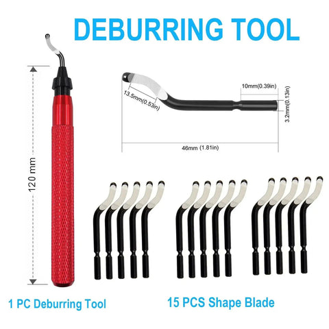 Premium Deburring Tool With 15 High Speed Steel Swivel Blades for Metal Resin and PVC pipes, red handle, 3D printed parts