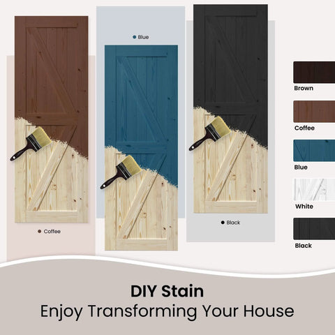 Image of unfinished solid spruce barn doors in coffee, blue, and black options with paint brushes for DIY staining.