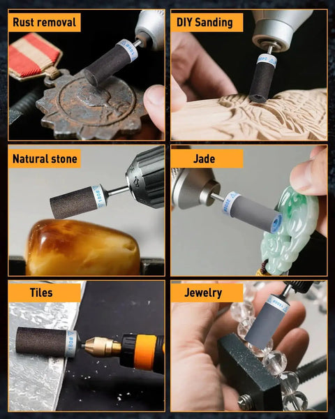 28 Piece Sanding Drums And Sandpaper Sticks Set For Dremel Rotary Tool With One Eighth Inch Shank Grits 180 240 320 600 1000 1500 2000 For Metal Rust Removal Stone Grinding And Jade Polishing depicted in use on various surfaces.