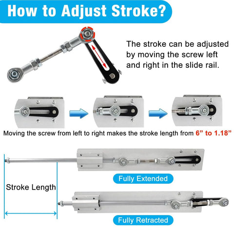 Instructions for adjusting stroke on 24V Reciprocating Linear Actuator With Telescopic Stroke 1.18 To 6 Inches, showing length options.