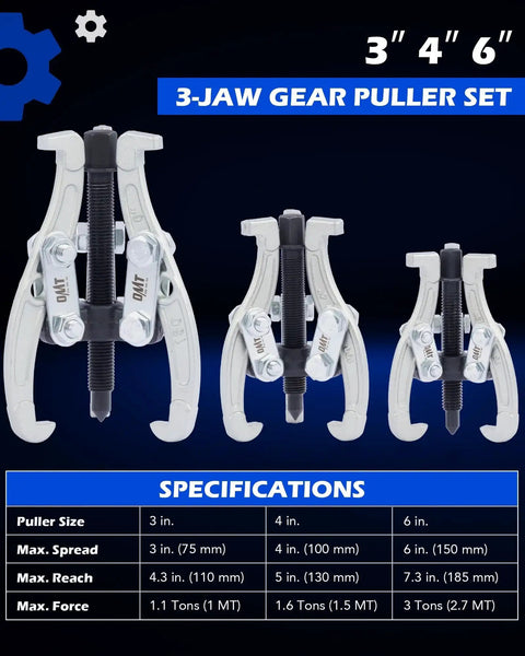 Three Jaw Gear And Bearing Puller Set With 3 Inch 4 Inch 6 Inch Sizes displayed on specifications poster