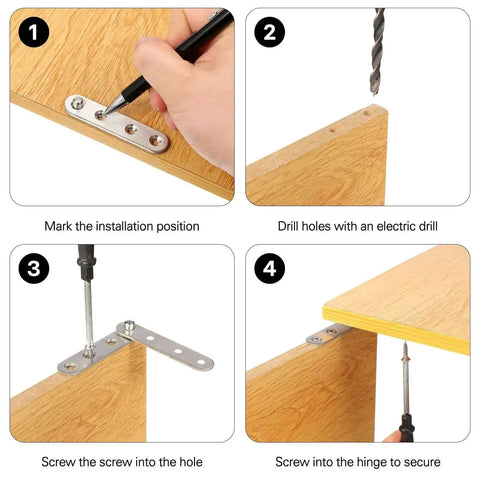 Installation steps for 360 Degree Pivot Hidden Door Hinges Set on wood panel; marking, drilling, and securing with screws for cabinets and bookcases.