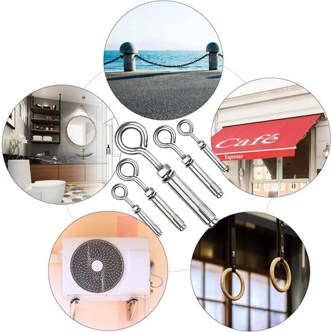 Beefy Heavy Duty Shoulder Eye Bolts M10 Stainless Steel 304 Eyebolts with nuts and expansion screws for various installations