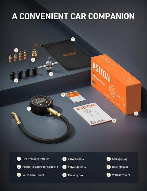 AstroAI tire pressure gauge kit: black gauge with brass hose, valve stems, caps, nozzles, in orange box and storage bag.