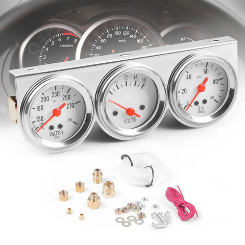 Universal Chrome 2 Inch 3 In 1 Triple Gauge Set Kit With Oil Pressure 0 To 100 PSI Volt Gauge 8 To 16V And Water Temperature 100 To 280 F