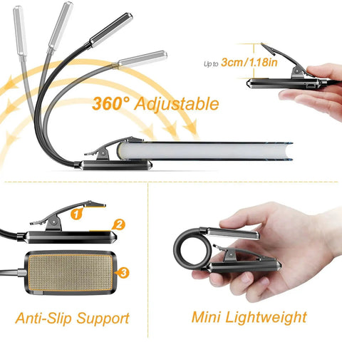 Rechargeable Clip On Book Light With 9 LEDs 3 Color Modes Stepless Dimming 80Hrs showing adjustable neck and clip features