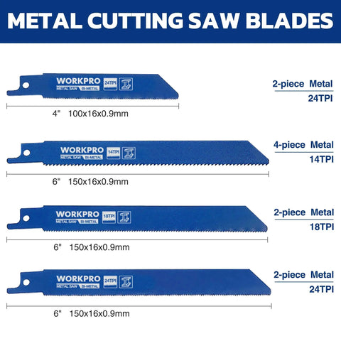 Blue metal cutting saw blades from 32-Piece Reciprocating Saw Blade Set With Organizer Pouch For Wood Metal And Pruning Blades Featuring Cr-V Steel Woodcutting Blades Bi-Material Metal Blades And Pruner Blades Ideal For DIY Projects And Heavy Duty Jobs By WORKPRO with specifications displayed.