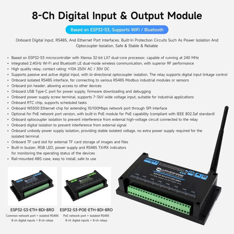 Industrial 8-Channel ESP32-S3 WiFi Relay Module with Onboard Plug-And-Play Isolated RS485 Interface, Xtensa LX7 Dual-Core Processor Up To 240MHz