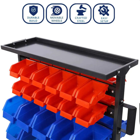 60 Bin Parts Bin Rack For Garage Storage 6 Tier Dual Sided Rolling Steel Shelf 350 Lb Capacity Heavy Duty Portable Wheels Mobile Tool Organizer With Plastic Bins, top view showing blue and orange bins.