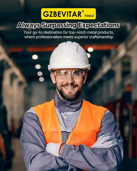 Construction worker in safety gear indoors with GZBEVITAR logo and slogan "Always Surpassing Expectations"