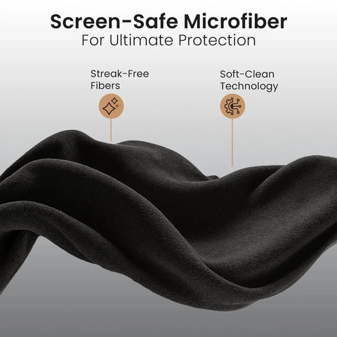 Black microfiber cloth with streak-free fibers, designed for the Six Pack Microfiber Cleaning Cloths For Eyeglasses, Screens, Cameras.