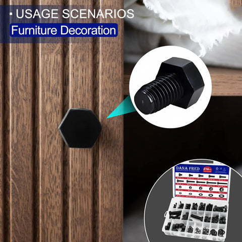 Black Nylon Hex Bolt used in furniture with packaging displayed, part of Black Nylon Hex Bolt Nut Washer Kit For Electronics DIY Tinker Friendly 216pcs M4 To M10 Hex Nuts Washers For PCB Board Mounting And Insulation Metric Threads Perfect For Microcontroller Projects.