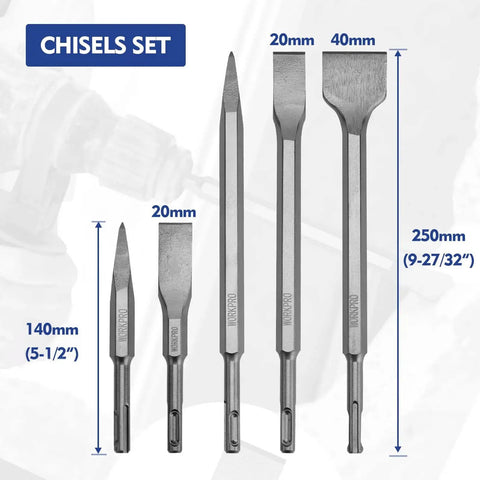 17 Piece SDS Plus Rotary Hammer Drill Bit And Chisel Set With Storage Case By Workpro Heavy Duty Carbide Tipped Masonry Bits
