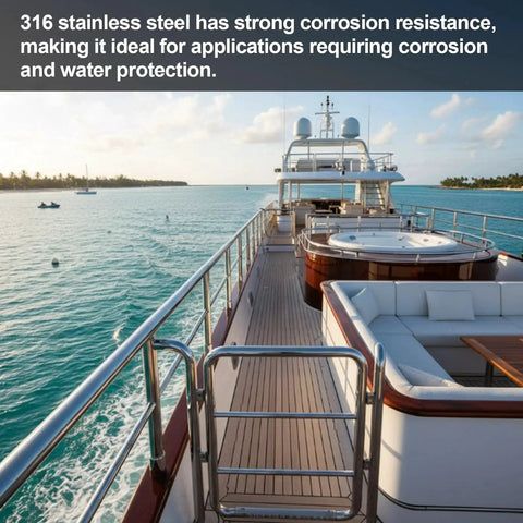 Yacht deck with 316 stainless steel railings, showcasing corrosion resistance, perfect for marine applications.