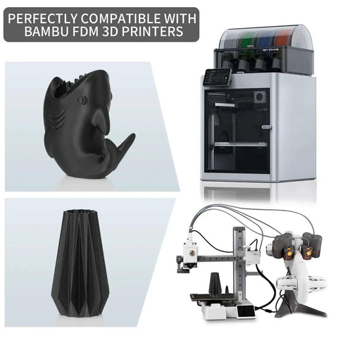 Glass Fiber Reinforced PETG Filament 1.75mm for 3D printing shown with a Bambu Lab FDM printer and printed black objects