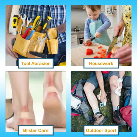 Assorted Adhesive Bandages Variety Pack montage showing uses: tool abrasion, housework, blister care, outdoor sports with images.