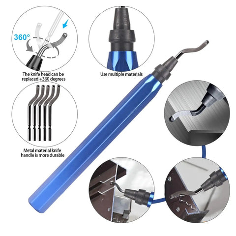 Go To 25 Piece Precision Deburring Kit With Craft Knife Hand File Carving Knife And More For Sanding Modeling Cutting Scraping And 3D Printing Includes Light And Heavy Duty Tools And Bent Stainless Tweezers, featuring blue handle deburring tool with interchangeable blades, close-up views of usage on metal edges.