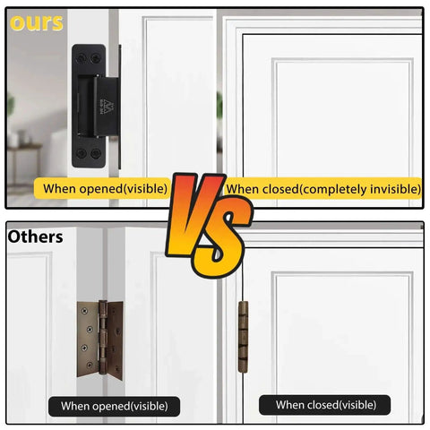Comparison of 5 Inch Hidden Door Hinge 304 Stainless Steel Heavy Duty Invisible Hinge with visible traditional hinge on doors