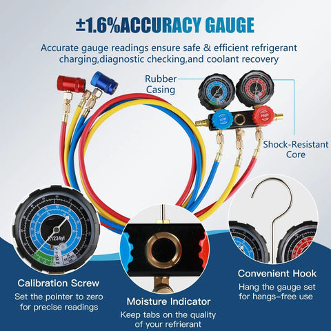 PB Motor TECH 1/3HP vacuum pump kit with 3-way R1234yf manifold gauge set and hoses
