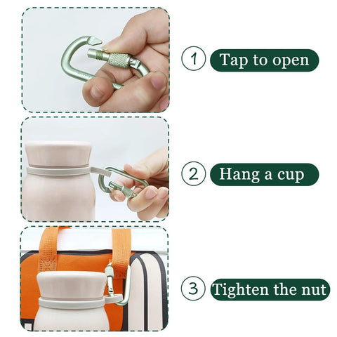 Steps showing 8 Pack D Shape Carabiner Clips With Screw Gate, 2.2 Inch Aluminum Keychain Hooks being used to attach a cup to a bag.