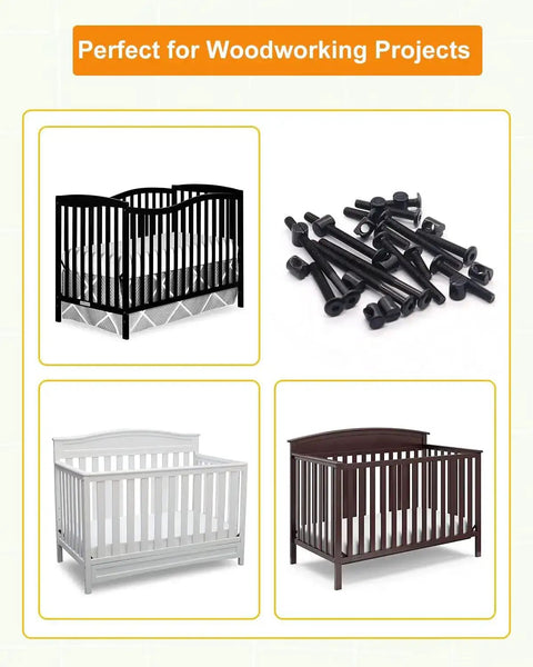 All-In-One M6 Bolts And Barrel Nuts Hardware Replacement Kit For Bed Frames And Furniture with cribs and black hardware visible