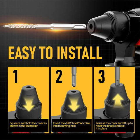 Installation steps for Cordless SDS Plus Rotary Hammer Drill With Brushless Motor, Safety Clutch, 4 Functions, 5 Drill Bits