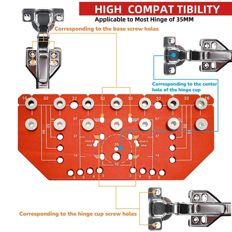 Shelf Pin Jig And Hinge Jig 2 In 1 Pro Grade Adjustable Drilling Guide with hinge compatibility diagram and hole markings