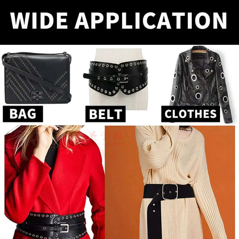 Wide application of 200 Sets Metal Grommets Eyelets With Washers And Storage Box in fabric belts, clothes, and leather bags.