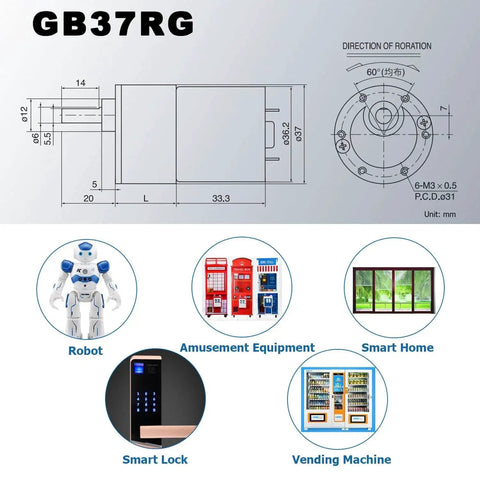 Diagram and applications of Beefy 12V DC Gear Motor With High Torque And Micro Speed Reduction Eccentric Output Shaft 37mm Gearbox for robotics.
