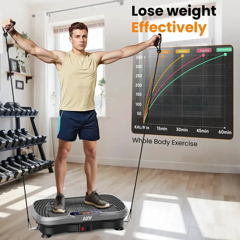 Man exercising on Vibration Plate Fitness Platform For Full Body Workout, Bluetooth Shaker Board in home gym with chart