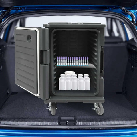 Open Insulated Food Pan Carrier 95 Qt Front Loading Hot Box For Catering Non Electric Food Warmer On Four Wheels in car trunk