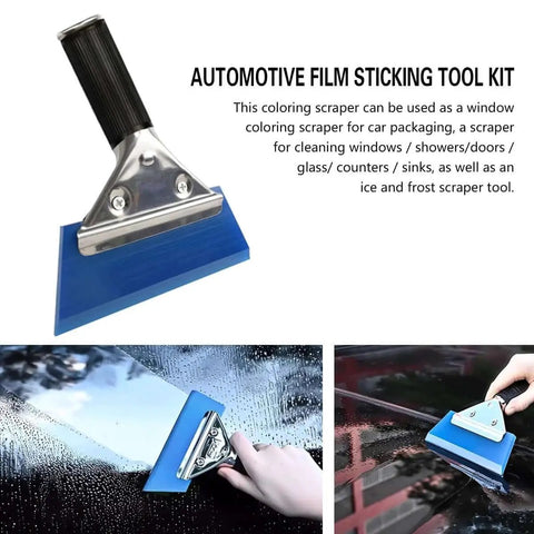 All In One Car Window Tint Kit With 18 Piece Tool Set For Easy DIY Vinyl Wrap And Glass Protection Includes Squeegees Felt Squeegee Cutting Knife With Extra Blades Mandark showing blue scraper for car tinting.