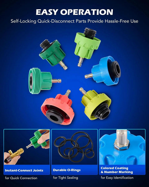 Various adapters from the 26 Piece Coolant Pressure Tester Kit With 18 Radiator Adapters, Vacuum Pump And Refill Tool.
