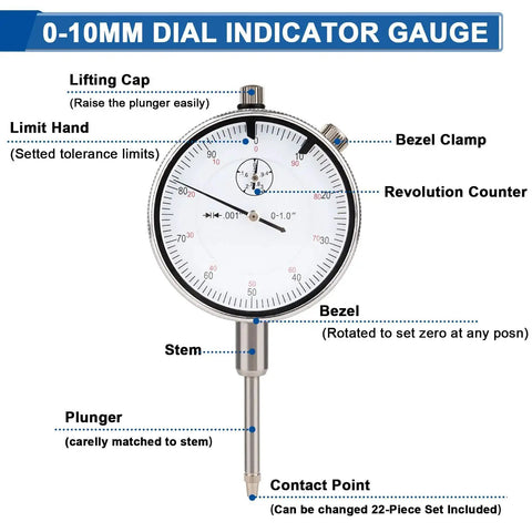 Precision Dial Indicator With Magnetic Base Rpeconu Pro Grade 0-1 Inch Range And 0.001 Inch Resolution, showing display features
