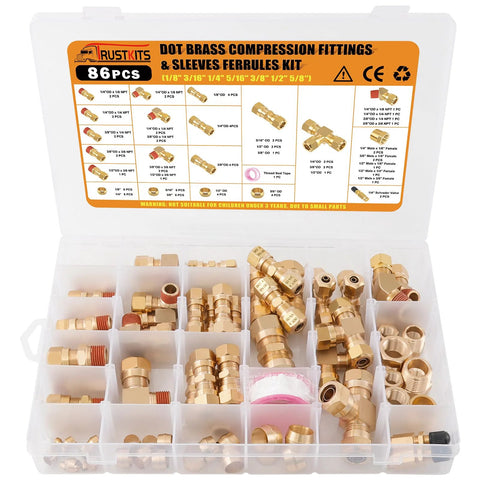 Trustkits 86-pc brass DOT air brake line fittings kit in plastic storage case; sizes 1/8"–5/8" compression fittings