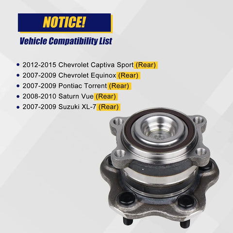 512388 Rear Wheel Bearing And Hub Assembly 2 Pack With 5 Lug And ABS For Nissan Altima Maxima Murano Pathfinder Infiniti JX35 QX60 And Mitsubishi RVR 2011 2013 2014 2019, displayed with vehicle compatibility list for Chevrolet, Pontiac, Saturn, Suzuki.