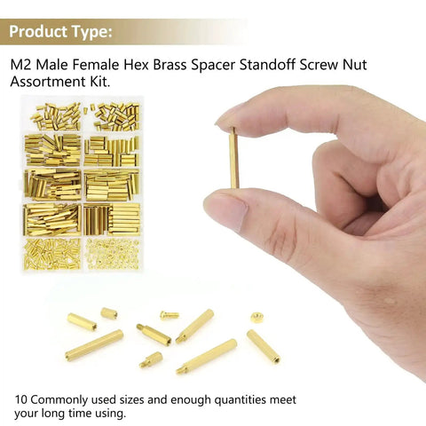 Hand holding brass standoff from All In One Pro Grade M2 Brass Standoffs Kit 320 Pc Set with hex spacers, screws, nuts.