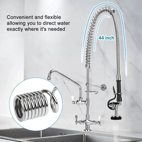 Heavy Duty 44 Inch Pre Rinse Hose With Grip Handle And Spring For Commercial Sinks stainless steel in a restaurant kitchen
