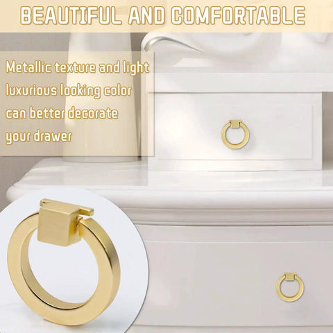 4 Pack Gold Cabinet Knobs With Screws, Brushed Gold Ring Pulls for Dresser and Wardrobe, shown installed on white drawer